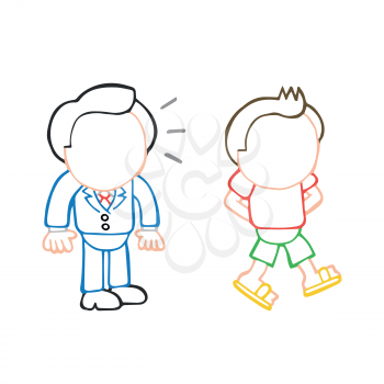 Vector hand-drawn cartoon illustration of businessman looking and envy happy-go-lucky man walking in casual attire.