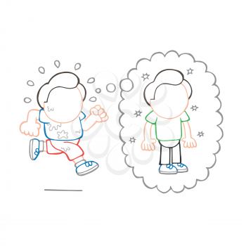 Vector hand-drawn cartoon illustration of running man dreaming of losing weight thought bubble.