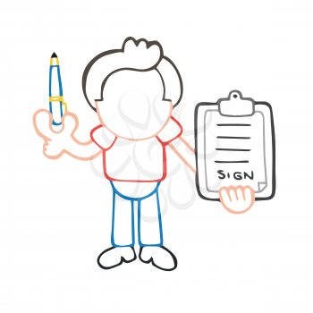 Vector hand-drawn cartoon illustration of man holding pen and clipboard of document for signing.
