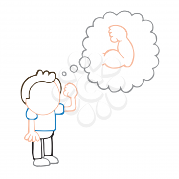 Vector hand-drawn cartoon illustration of man standing dreaming of being muscular.