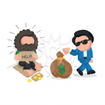 Vector hand-drawn cartoon illustration of rich man giving money bag to homeless on sidewalk and homeless is shocked.
