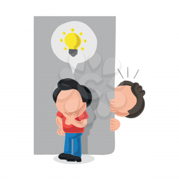 Vector hand-drawn cartoon illustration of man spying on man with light bulb icon idea behind wall.