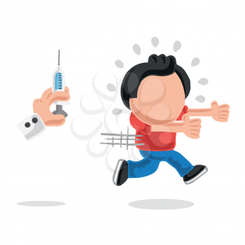 Vector hand-drawn cartoon illustration of man afraid and running from doctor's syringe.