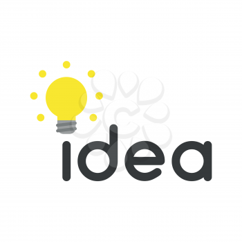 Flat design vector illustration concept of black idea word with glowing yellow light bulb symbol icon.