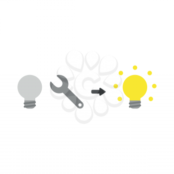 Flat design vector illustration concept of grey light bulb symbol icon with spanner and light bulb glowing.