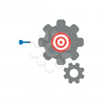 Flat design vector illustration concept of red and white bulls eye symbol icon inside grey gears with blue dart.