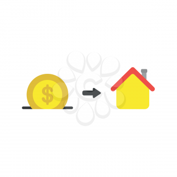Flat design vector illustration concept of yellow dollar money coin symbol icon into black moneybox hole with yellow house.