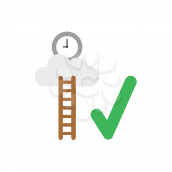 Flat design vector illustration concept of clock time symbol icon on cloud with wooden ladder and green check mark.