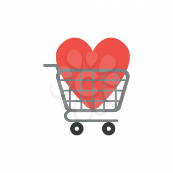 Flat design vector illustration concept of red heart symbol icon inside grey shopping cart.
