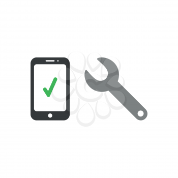 Flat design vector illustration concept of black smartphone with green check mark symbol icon and grey spanner.