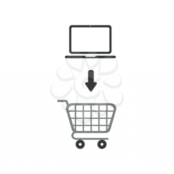 Flat design vector illustration concept of black laptop computer into grey shopping cart symbol icon.