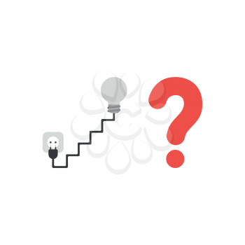 Vector illustration concept of grey light bulb with staircase shaped cable and plug, outlet and red question mark icon.