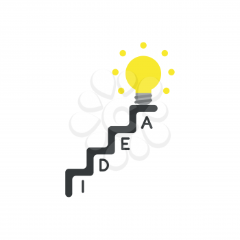Vector illustration concept of idea word written in stairs and yellow glowing light bulb icon at the top of stairs.