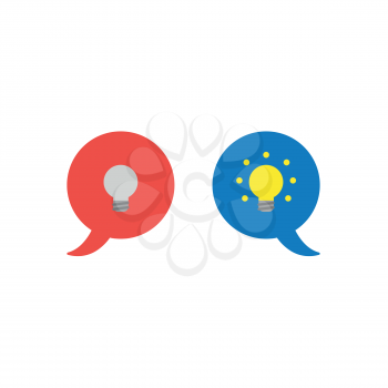 Vector illustration concept of two speech bubbles with grey and glowing light bulbs.