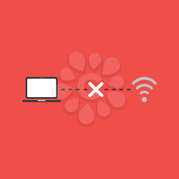 Flat vector icon concept of connection error, laptop computer, x mark and wifi symbol on red background.