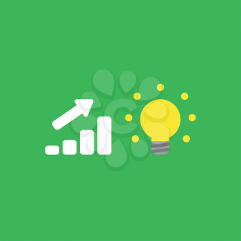 Flat vector icon concept of sales bar graph moving up with glowing light bulb on green background.