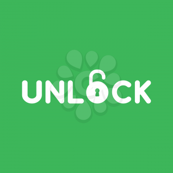 Flat vector icon concept of unlock word with opened padlock on green background.