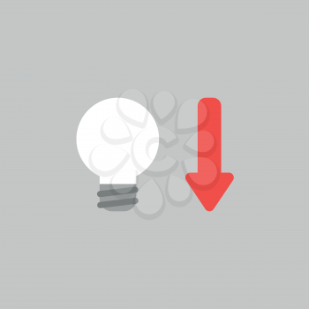 Flat vector icon concept of light bulb with arrow moving down on grey background.