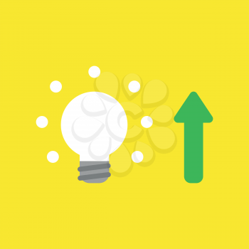 Flat vector icon concept of glowing light bulb with arrow moving up on yellow background.