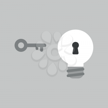 Flat vector icon concept of key and light bulb with keyhole on grey background.