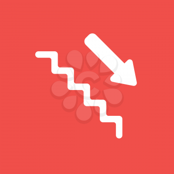 Flat vector icon concept of stairs with arrow moving down on red background.