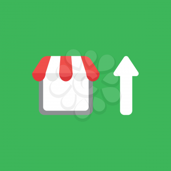 Flat vector icon concept of shop store with arrow moving up on green background.