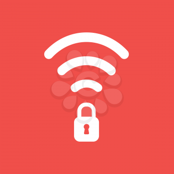 Flat vector icon concept of wireless wifi symbol with closed padlock on red background.