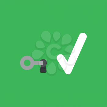 Flat vector icon concept of key into keylock and check mark on green background.