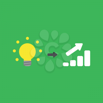Flat vector icon concept of glowing yellow light bulb with sales bar graph arrow moving up on green background.
