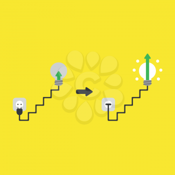 Flat vector icon concept of light bulb with stairs cable, plugged into outlet and arrow moving up on yellow background.