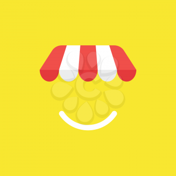 Flat vector icon concept of shop store awning with smiling mouth on yellow background.