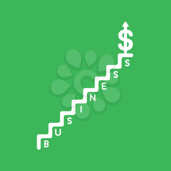 Flat vector icon concept of business stairs and dollar arrow moving up on top of stairs on green background.