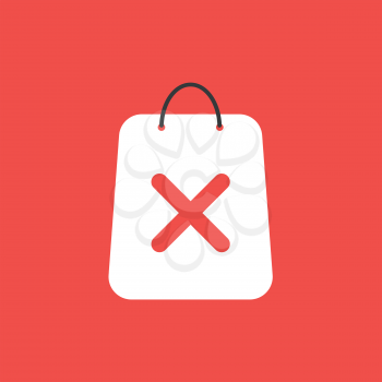 Flat vector icon concept of shopping bag with x mark on red background.