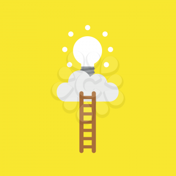Flat vector icon concept of wooden ladder and glowing light bulb on cloud on yellow background.