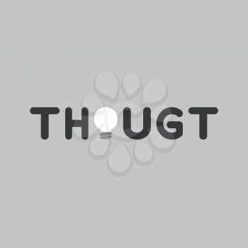 Flat vector icon concept of thought word with light bulb on grey background.