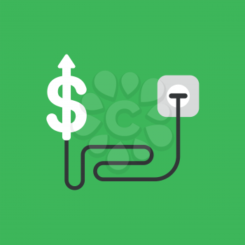 Flat vector icon concept of dollar arrow moving up with cable and plugged into outlet on green background.