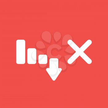 Flat vector icon concept of sales bar graph arrow moving down with x mark on red background.