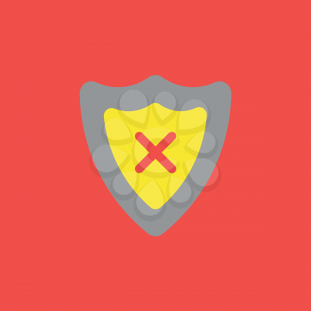 Flat vector icon concept of guard shield with x mark on red background.