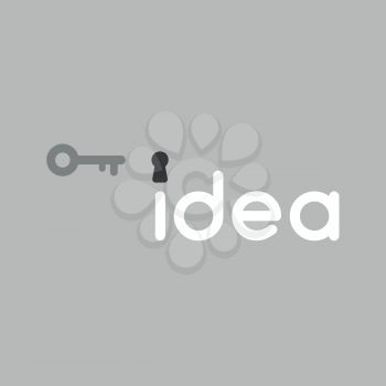 Flat vector icon concept of idea word with keyhole and key on grey background.