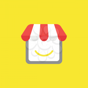 Flat vector icon concept of shop store with smiling mouth on yellow background.
