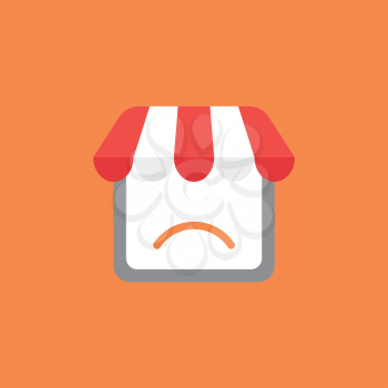 Flat vector icon concept of shop store with sulking mouth on orange background.