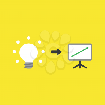 Flat vector icon concept of glowing light bulb with sales chart arrow moving up on yellow background.