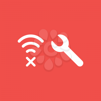 Flat vector icon concept of wireless wifi symbol with x mark and spanner on red background.