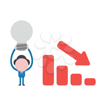 Vector illustration businessman character with sales bar graph moving down and holding up grey light bulb.