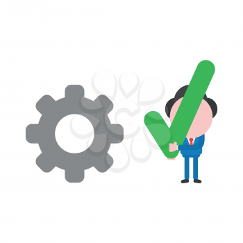 Vector illustration businessman character with gear and holding check mark.