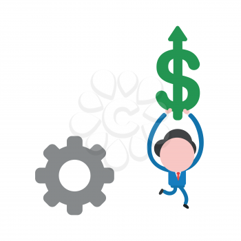 Vector illustration businessman character with gear and running and carrying dollar arrow moving up.