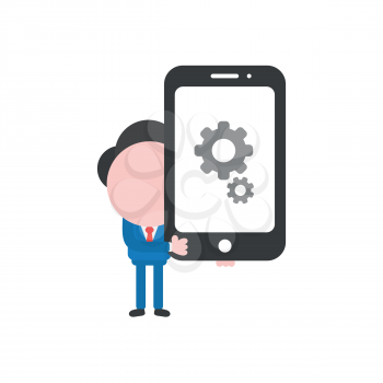 Vector illustration businessman character holding smartphone with gears.