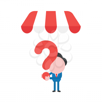 Vector illustration businessman character holding question mark under shop store awning.