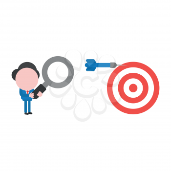 Vector illustration businessman character holding magnifying glass and looking to dart miss the target on bulls eye.