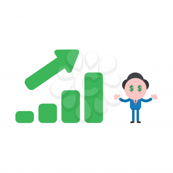 Vector illustration businessman character with dollar money eyes and sales bar graph moving up.